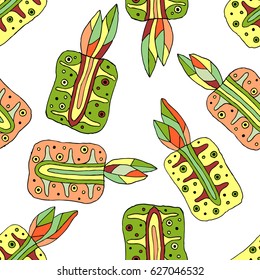 Seamless vector hand drawn childish pattern with fruits. Cute childlike pineapple with leaves, seeds, drops. Doodle, sketch, cartoon style background. Line drawing Endless repeat swatch