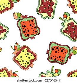 Seamless vector hand drawn childish pattern with fruits. Cute childlike pomegranate with leaves, seeds, drops. Doodle, sketch, cartoon style background. Line drawing Endless repeat swatch