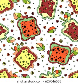Seamless vector hand drawn childish pattern with fruits. Cute childlike pomegranate with leaves, seeds, drops. Doodle, sketch, cartoon style background. Line drawing Endless repeat swatch