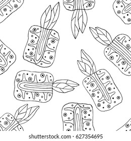 Seamless vector hand drawn childish pattern with fruits. Cute childlike pineapple with leaves, seeds, drops. Doodle, sketch, cartoon style background. Line drawing Endless repeat swatch