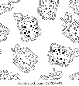 Seamless vector hand drawn childish pattern with fruits. Cute childlike pomegranate with leaves, seeds, drops. Doodle, sketch, cartoon style background. Line drawing Endless repeat swatch