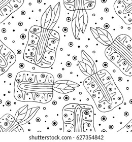 Seamless vector hand drawn childish pattern with fruits. Cute childlike pineapple with leaves, seeds, drops. Doodle, sketch, cartoon style background. Line drawing Endless repeat swatch