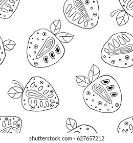 Seamless vector hand drawn childish pattern with fruits. Cute childlike strawberries with leaves, seeds, drops. Doodle, sketch, cartoon style background. Line drawing Endless repeat swatch