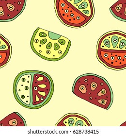 Seamless vector hand drawn childish pattern with fruits. Cute childlike watermelon with leaves, seeds, drops. Doodle, sketch, cartoon style background. Line drawing Endless repeat swatch