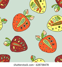 Seamless vector hand drawn childish pattern with fruits. Cute childlike strawberries with leaves, seeds, drops. Doodle, sketch, cartoon style background. Line drawing Endless repeat swatch