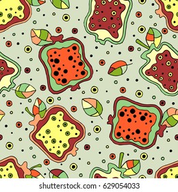 Seamless vector hand drawn childish pattern with fruits. Cute childlike pomegranate with leaves, seeds, drops. Doodle, sketch, cartoon style background. Line drawing Endless repeat swatch