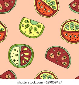 Seamless vector hand drawn childish pattern with fruits. Cute childlike watermelon with leaves, seeds, drops. Doodle, sketch, cartoon style background. Line drawing Endless repeat swatch