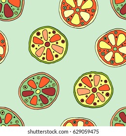 Seamless vector hand drawn childish pattern with fruits. Cute childlike lime, lemon, orange, grapefruit with leaves, seeds, drops. Doodle, sketch, cartoon style background. Line drawing
