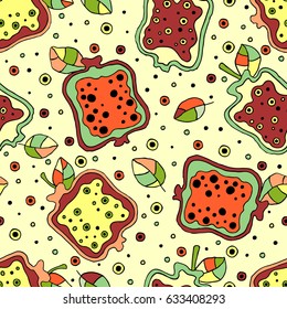 Seamless vector hand drawn childish pattern with fruits. Cute childlike pomegranate with leaves, seeds, drops. Doodle, sketch, cartoon style background. Line drawing Endless repeat swatch