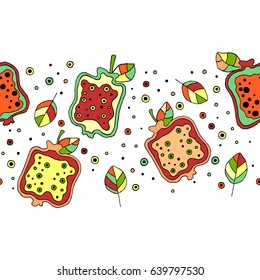 Seamless vector hand drawn childish pattern, border with fruits. Cute childlike pomegranate with leaves, seeds, drops. Doodle, sketch, cartoon style background. Line drawing Endless repeat swatch