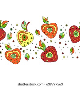 Seamless vector hand drawn childish pattern, border with fruits. Cute childlike cherry with leaves, seeds, drops. Doodle, sketch, cartoon style background. Line drawing Endless repeat swatch