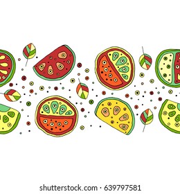 Seamless vector hand drawn childish pattern, border, with fruits. Cute childlike watermelon with leaves, seeds, drops. Doodle, sketch, cartoon style background. Line drawing Endless repeat swatch