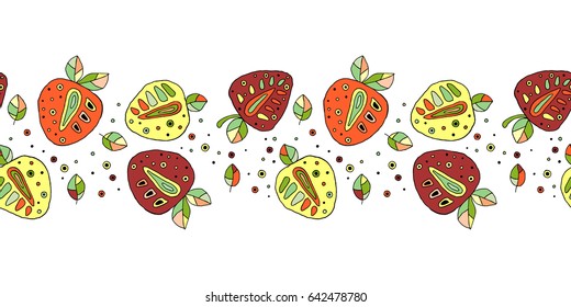 Seamless vector hand drawn childish pattern, border, with fruits. Cute childlike strawberries with leaves, seeds, drops. Doodle, sketch, cartoon style background. Line drawing Endless repeat swatch
