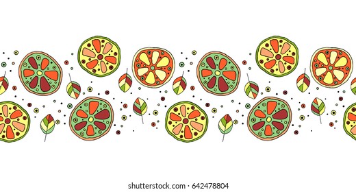 Seamless vector hand drawn childish pattern, border, with fruits. Cute childlike lime, lemon, orange, grapefruit with leaves, seeds, drops. Doodle, sketch, cartoon style background. Line drawing