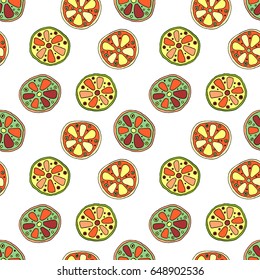 Seamless vector hand drawn childish pattern with fruits. Cute childlike lime, lemon, orange, grapefruit with leaves, seeds, drops. Doodle, sketch, cartoon style background. Line drawing