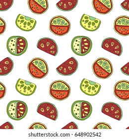 Seamless vector hand drawn childish pattern with fruits. Cute childlike watermelon with leaves, seeds, drops. Doodle, sketch, cartoon style background. Line drawing Endless repeat swatch