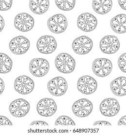 Seamless vector hand drawn childish pattern with fruits. Cute childlike lime, lemon, orange, grapefruit with leaves, seeds, drops. Doodle, sketch, cartoon style background. Line drawing