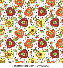 Seamless vector hand drawn childish pattern with fruits. Cute childlike cherry with leaves, seeds, drops. Doodle, sketch, cartoon style background. Line drawing Endless repeat swatch