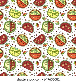 Seamless vector hand drawn childish pattern with fruits. Cute childlike watermelon with leaves, seeds, drops. Doodle, sketch, cartoon style background. Line drawing Endless repeat swatch
