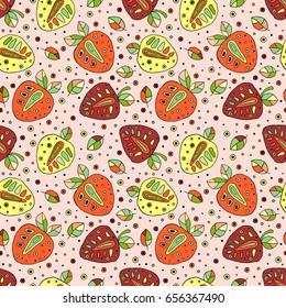 Seamless vector hand drawn childish pattern with fruits. Cute childlike strawberries with leaves, seeds, drops. Doodle, sketch, cartoon style background. Line drawing Endless repeat swatch