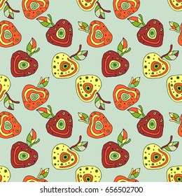 Seamless vector hand drawn childish pattern with fruits. Cute childlike cherry with leaves, seeds, drops. Doodle, sketch, cartoon style background. Line drawing Endless repeat swatch