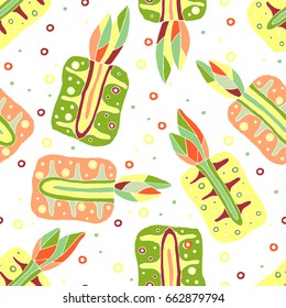 Seamless vector hand drawn childish pattern, border with fruits. Cute childlike pineapple with leaves, seeds, drops. Doodle, sketch, cartoon style background. Line drawing Endless repeat swatch