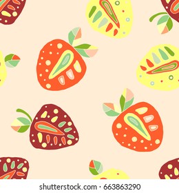 Seamless vector hand drawn childish pattern, border, with fruits. Cute chaildlike strawberries with leaves, seeds, drops. Doodle, sketch, cartoon style background. Endless repeat swatch