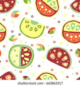 Seamless vector hand drawn childish pattern, border, with fruits. Cute childlike watermelon with leaves, seeds, drops. Doodle, sketch, cartoon style background. Endless repeat swatch