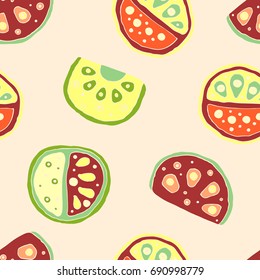 Seamless vector hand drawn childish pattern, border, with fruits. Cute childlike watermelon with leaves, seeds, drops. Doodle, sketch, cartoon style background. Endless repeat swatch