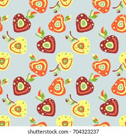Seamless vector hand drawn childish pattern, border with fruits. Cute childlike cherry with leaves, seeds, drops. Doodle, sketch, cartoon style background. Endless repeat swatch