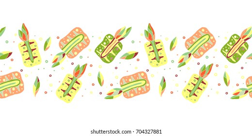 Seamless vector hand drawn childish pattern, border with fruits. Cute childlike pineapple with leaves, seeds, drops. Doodle, sketch, cartoon style background. Endless repeat swatch
