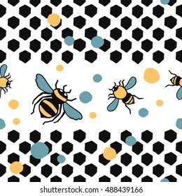 seamless vector hand drawn colorful pattern with bees leaves and honeycombs
