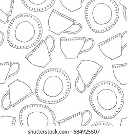 Seamless vector hand drawn dishes pattern. Tea or coffee cup and saucer.