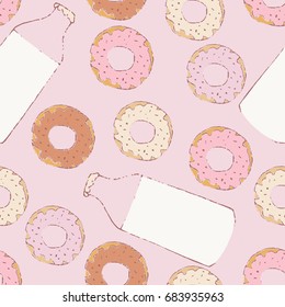 Seamless vector hand drawn donut and milk bottle pattern.