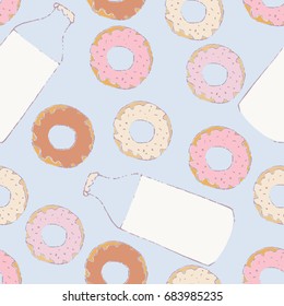 Seamless vector hand drawn donut and milk bottle pattern.