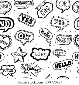 Seamless Vector Hand drawn doodle set of speech bubbles with dialog words on isolated white background 