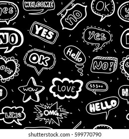 Seamless Vector Hand drawn doodle set of speech bubbles with dialog words on isolated white background 