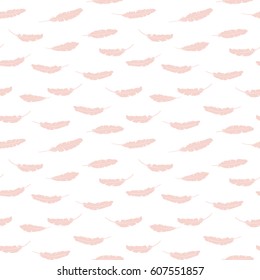 Seamless vector hand drawn doodle pink background with white falling feathers.