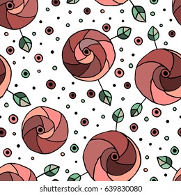 Seamless vector hand drawn doodle childlike floral pattern. Background with childish flowers, leaves. Decorative cute graphic line drawing illustration. Print for wrapping, background, fabric, decor