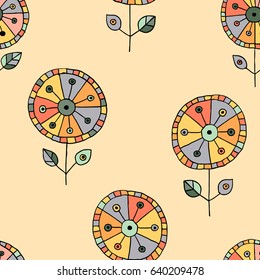 Seamless vector hand drawn doodle childlike floral pattern. Background with childish flowers, leaves. Decorative cute graphic line drawing illustration. Print for wrapping, background, fabric, decor