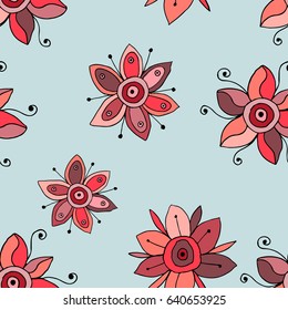 Seamless vector hand drawn doodle childlike floral pattern. Background with childish flowers, leaves. Decorative cute graphic line drawing illustration. Print for wrapping, background, fabric, decor