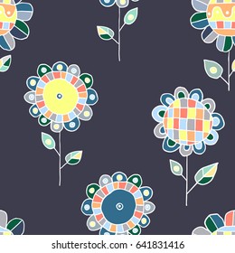 Seamless vector hand drawn doodle childlike floral pattern. Background with childish flowers, leaves. Decorative cute graphic line drawing illustration. Print for wrapping, background, fabric, decor