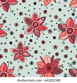 Seamless vector hand drawn doodle childlike floral pattern. Background with childish flowers, leaves. Decorative cute graphic line drawing illustration. Print for wrapping, background, fabric, decor