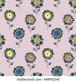 Seamless vector hand drawn doodle childlike floral pattern. Background with childish flowers, leaves. Decorative cute graphic line drawing illustration. Print for wrapping, background, fabric, decor