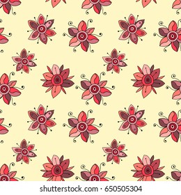 Seamless vector hand drawn doodle childlike floral pattern. Background with childish flowers, leaves. Decorative cute graphic line drawing illustration. Print for wrapping, background, fabric, decor