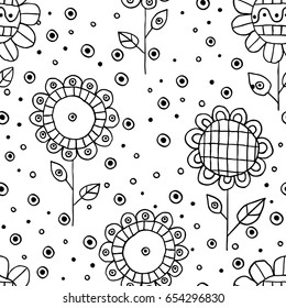 Seamless vector hand drawn doodle childlike floral pattern. Background with childish flowers, leaves. Decorative cute graphic line drawing illustration. Print for wrapping, background, fabric, decor