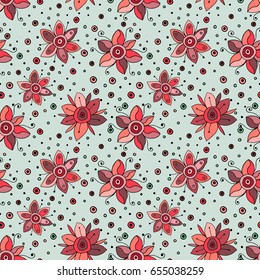 Seamless vector hand drawn doodle childlike floral pattern. Background with childish flowers, leaves. Decorative cute graphic line drawing illustration. Print for wrapping, background, fabric, decor