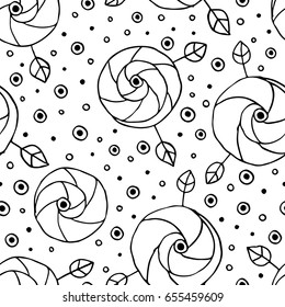 Seamless vector hand drawn doodle childlike floral pattern. Background with childish flowers, leaves. Decorative cute graphic line drawing illustration. Print for wrapping, background, fabric, decor