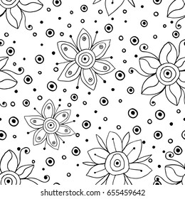 Seamless vector hand drawn doodle childlike floral pattern. Background with childish flowers, leaves. Decorative cute graphic line drawing illustration. Print for wrapping, background, fabric, decor