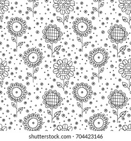 Seamless vector hand drawn doodle childlike floral pattern. Background with childish flowers, leaves. Decorative cute graphic line drawing illustration. Print for wrapping, background, fabric, decor